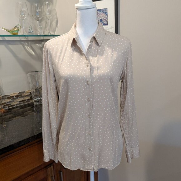 Uniqlo Long Sleeve Button Down Blouse Super Soft Rayon Tan with White Polka Dots - Picture 1 of 5